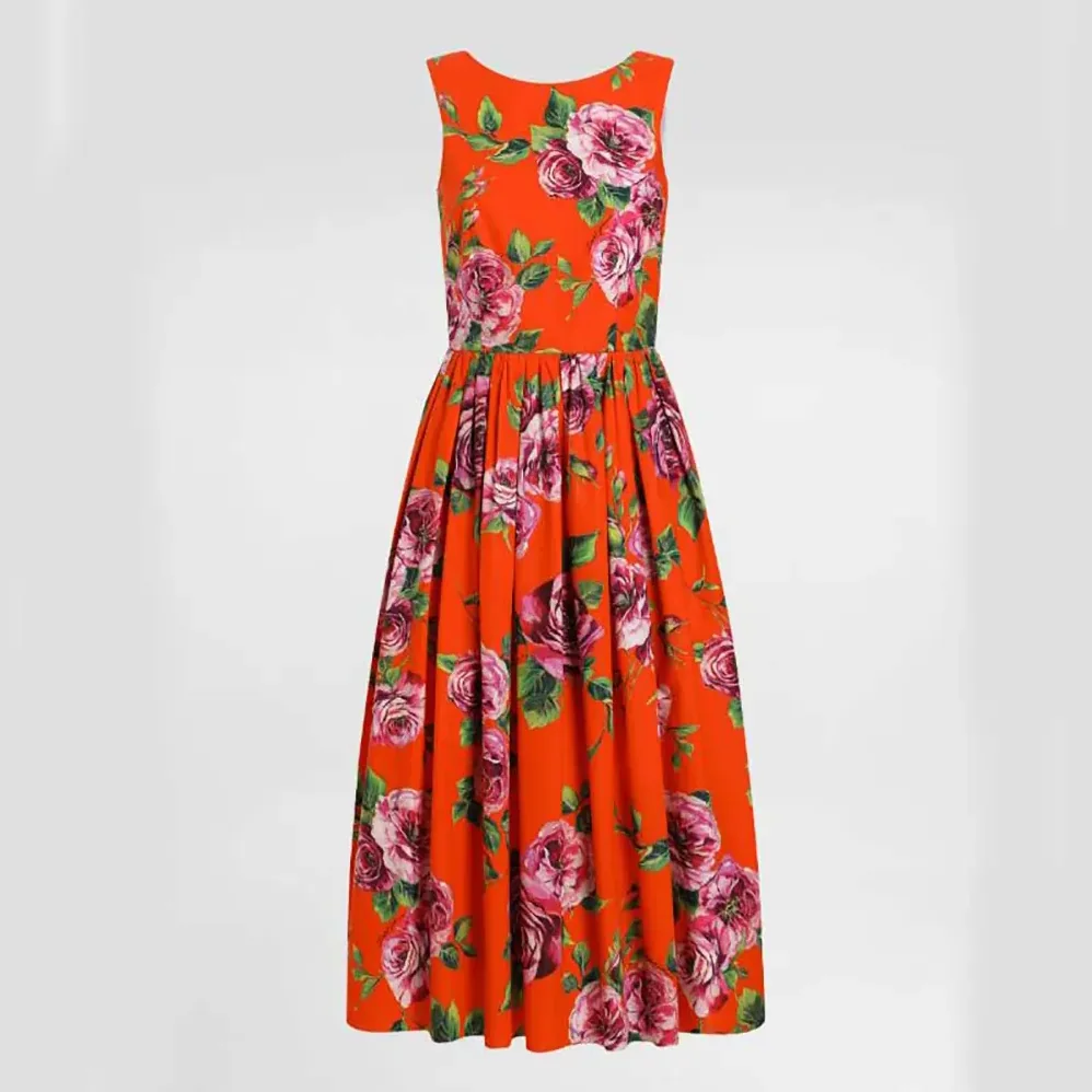 Dolce Gabbana D&G Cotton Calf-length Babydoll Dress with Rose Print for Women Dolce Gabbana D&G Cotton Calf-length Babydoll Dress with Rose Print for Women