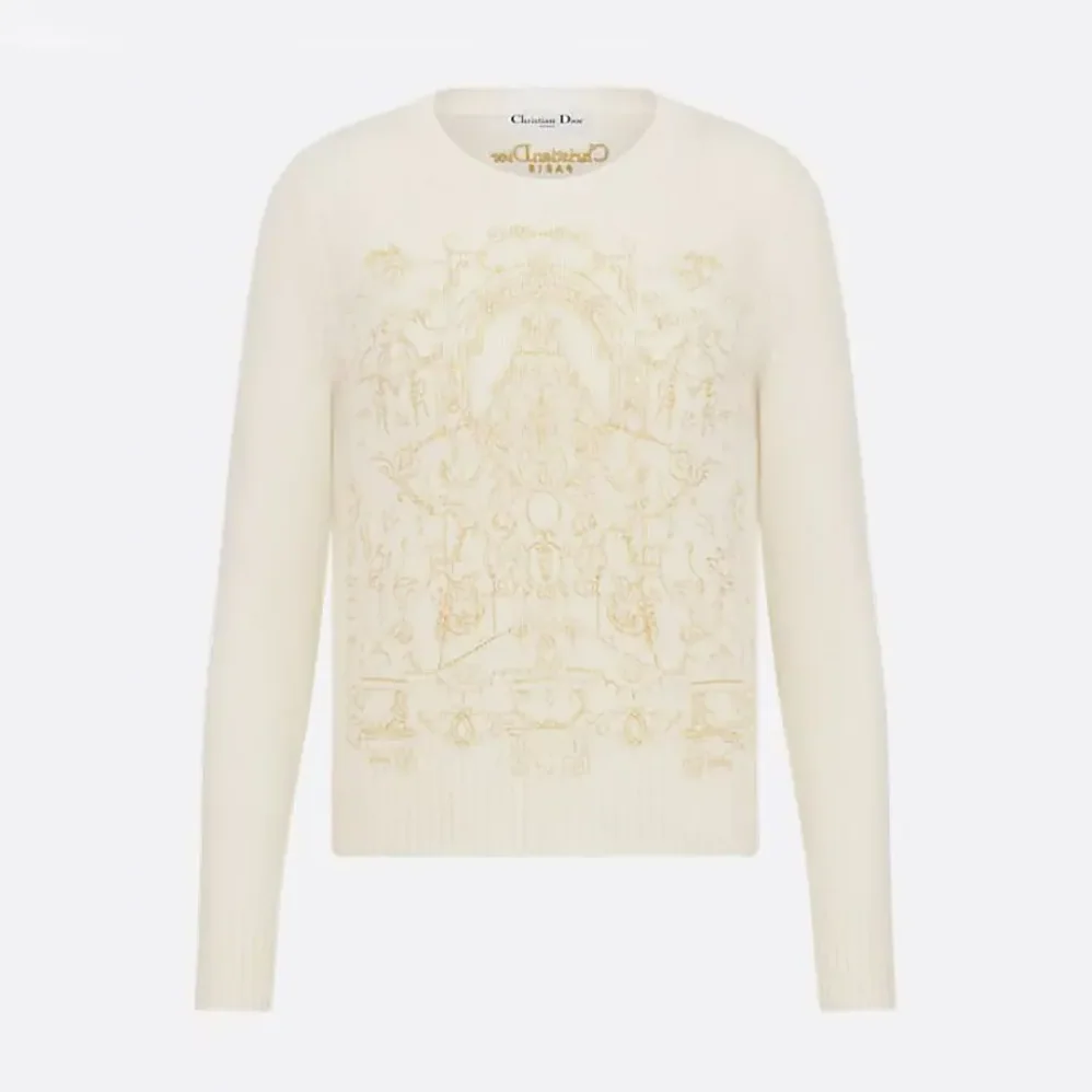 Dior Embroidered Sweater Ecru Cashmere Knit with Gold for Women in Tone Dioresque Stella Motif Dior Embroidered Sweater Ecru Cashmere Knit with Gold for Women in Tone Dioresque Stella Motif