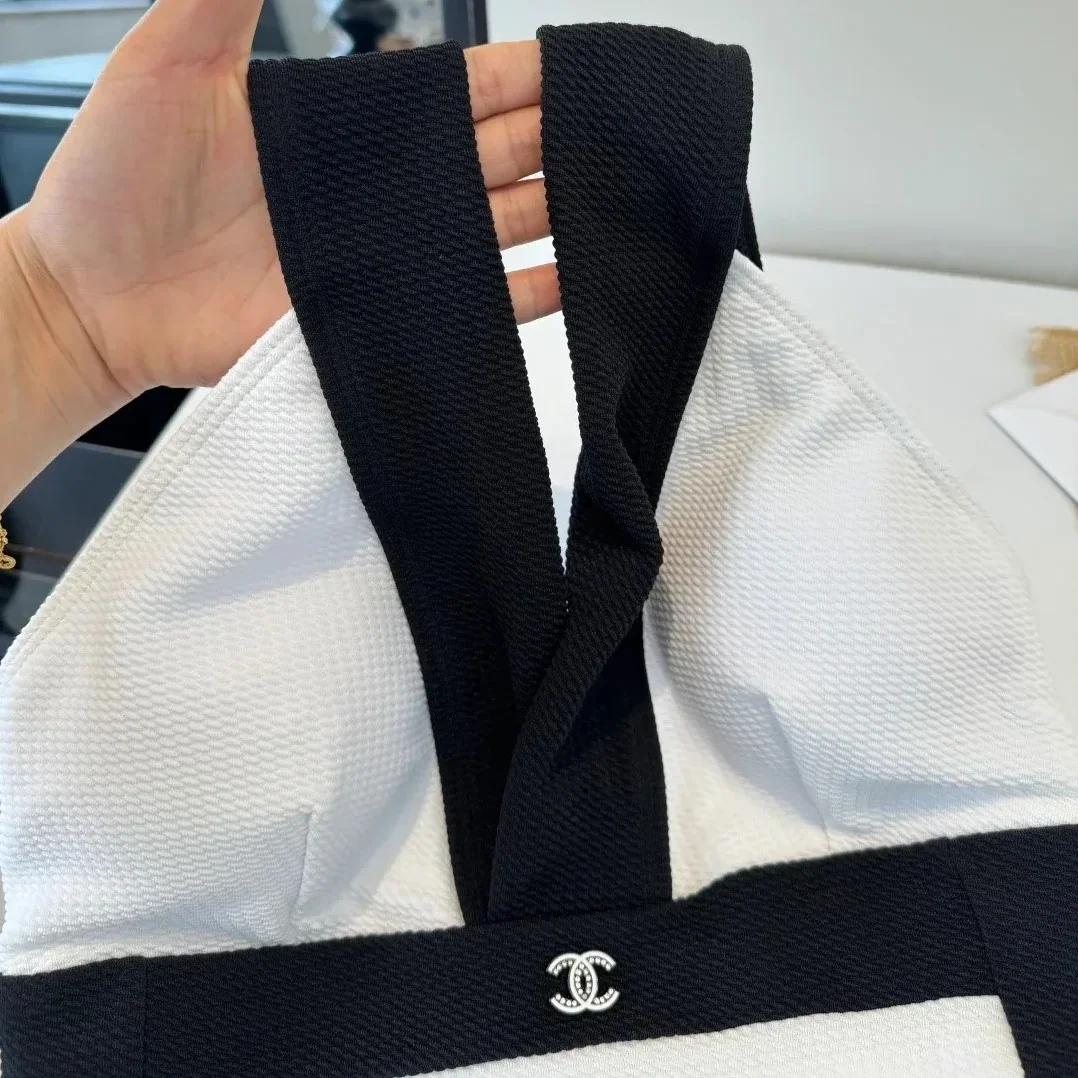 Chanel Color-Block Textured One in Piece Swimsuit Black/ White