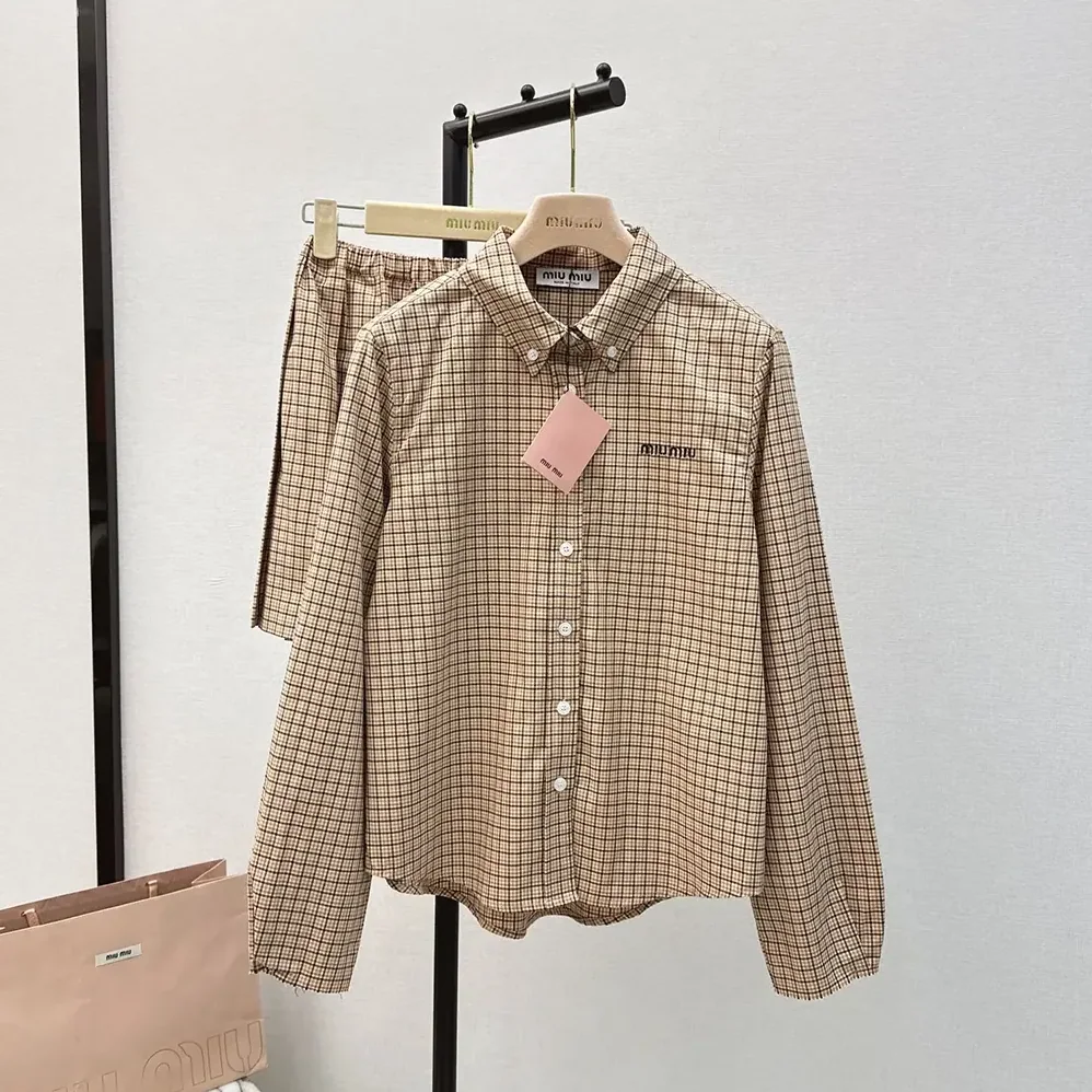Miu Miu Checked Shirt with Embroidered Logo for Women Miu Miu Checked Shirt with Embroidered Logo for Women