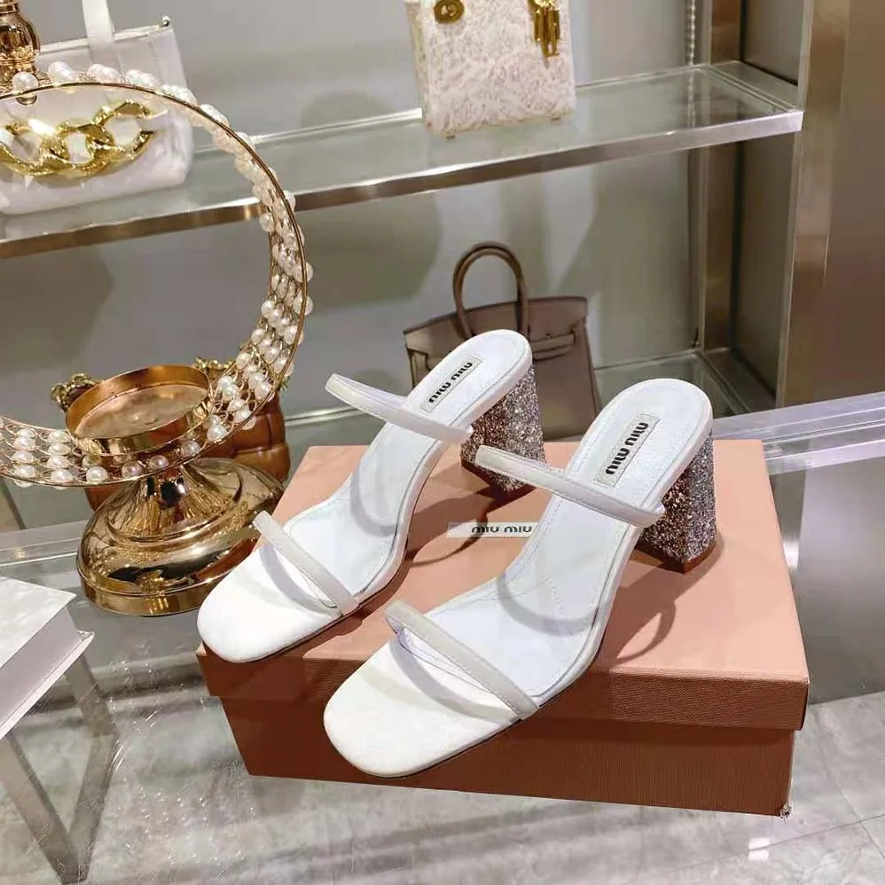 Miu Miu Satin and Glitter Slides in 85 mm Heel Height for Women in White Miu Miu Satin and Glitter Slides in 85 mm Heel Height for Women in White