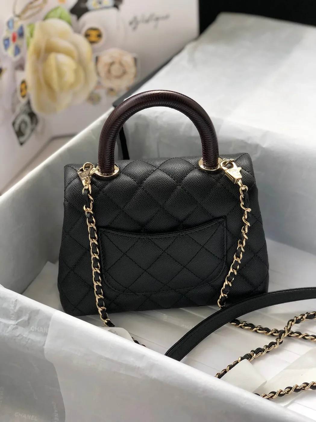 Chanel Classic Mini Flap Bag Top Handle in Black Gold Hardware