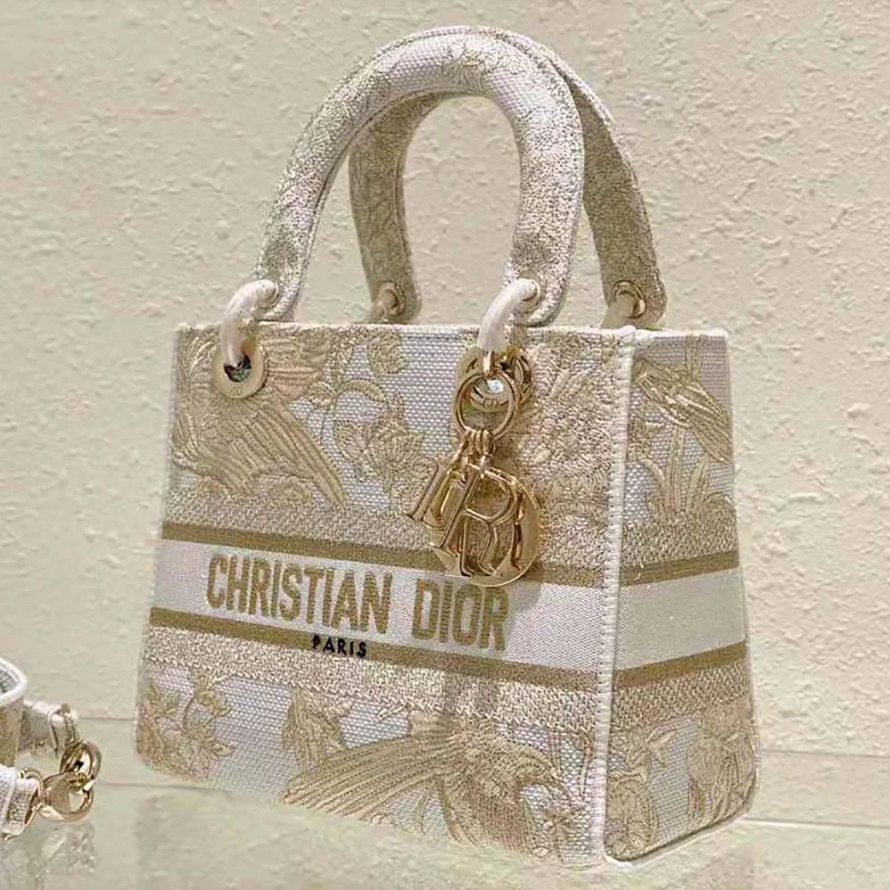 Dior Medium Lady D-lite Bag Dior Jardin D'Hiver Embroidery with Gold for Women in Tone Metallic Thread Dior Medium Lady D-lite Bag Dior Jardin D'Hiver Embroidery with Gold for Women in Tone Metallic Thread