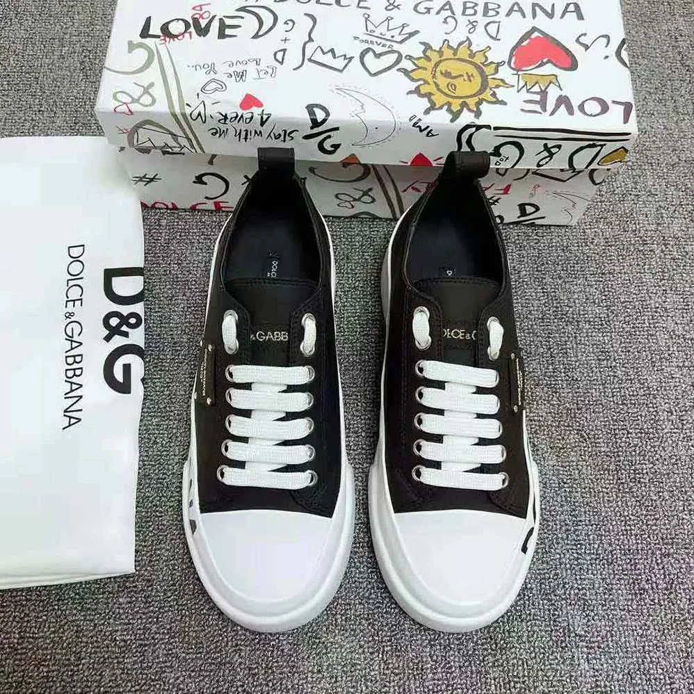 Dolce Gabbana D&G Calfskin Portofino Light Sneakers with Logo-Detailed Plate and Logo Print for Women in Black