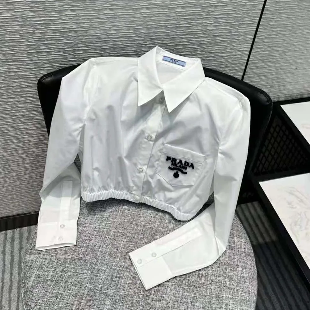 Prada Embroidered Cropped Poplin Shirt for Women Prada Embroidered Cropped Poplin Shirt for Women