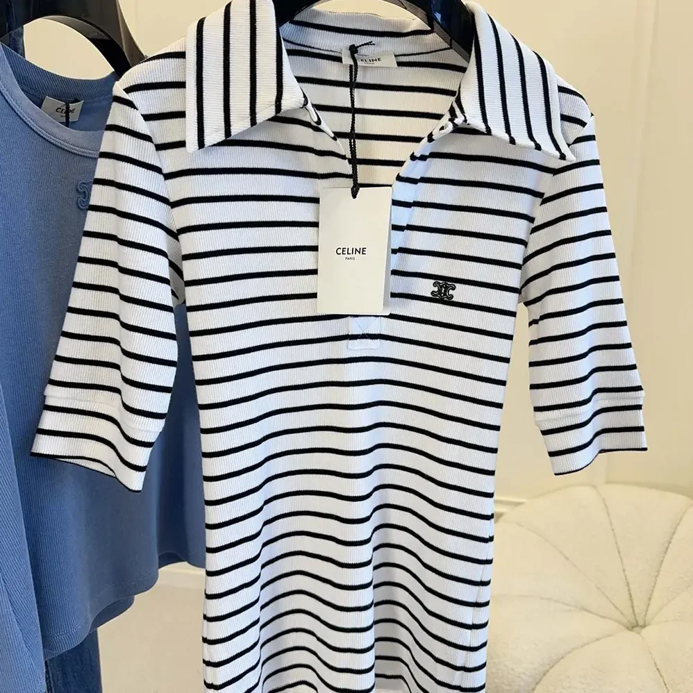 Celine Polo Shirt in Striped Silk Jersey for Women Celine Polo Shirt in Striped Silk Jersey for Women