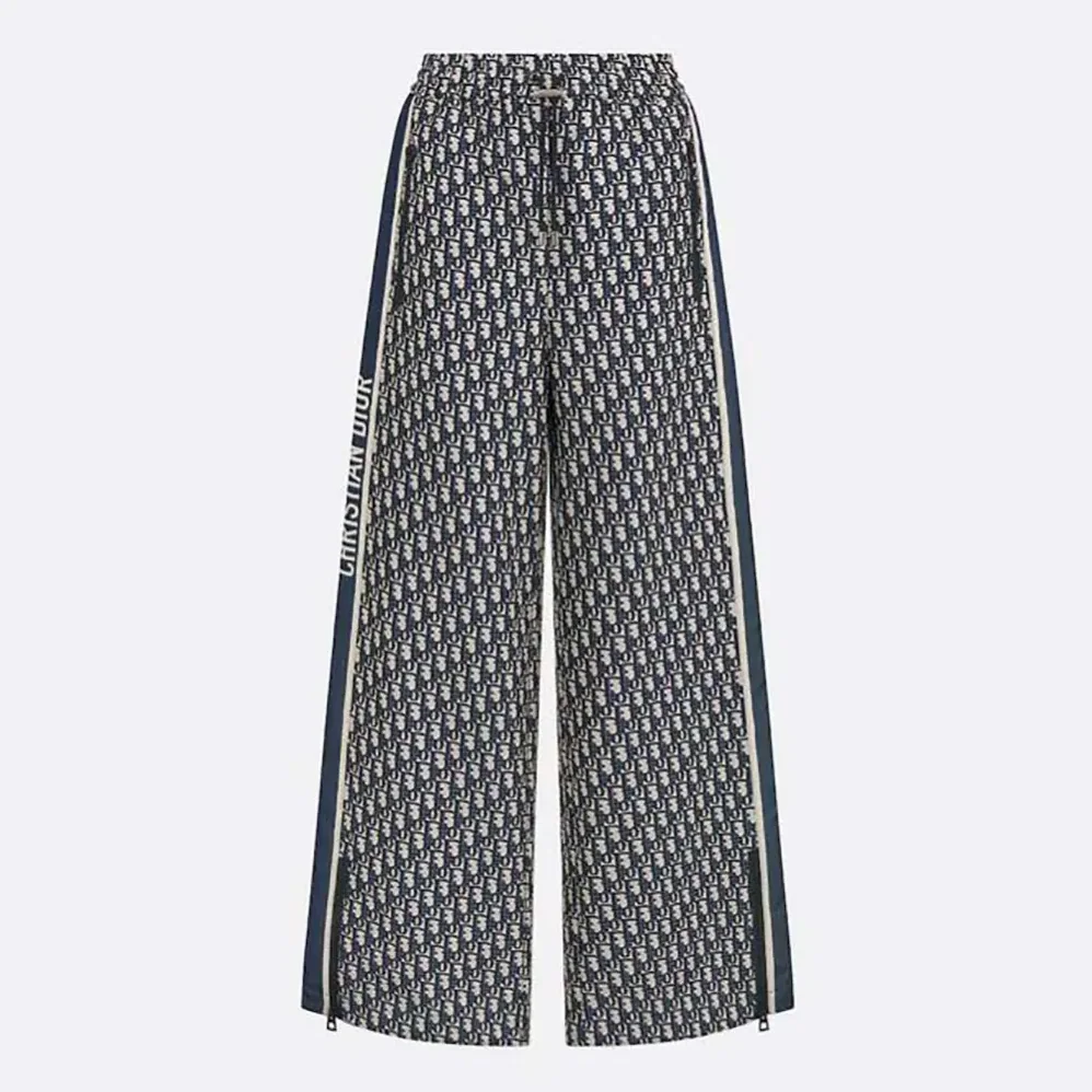 Dior Flared Pants Blue and Ecru Technical Taffeta Jacquard with Dior Oblique Motif for Women