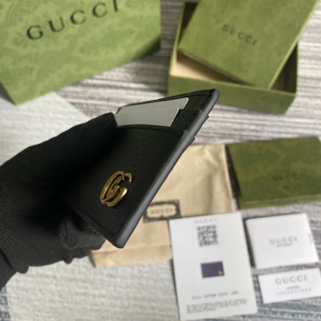 Gucci GG Marmont Card Case Black Gold Toned Hardware /