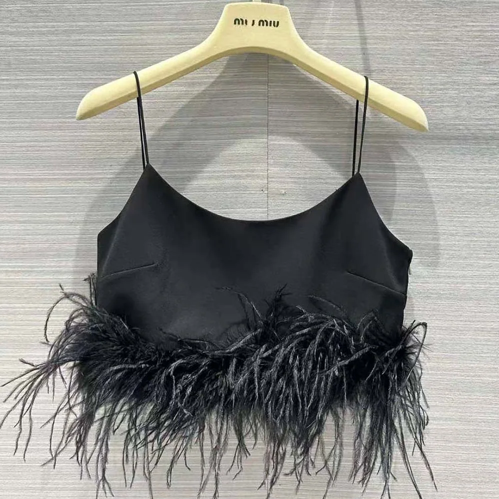 Miu Miu Stretch Cady Top with Feathers for Women in Black Miu Miu Stretch Cady Top with Feathers for Women in Black