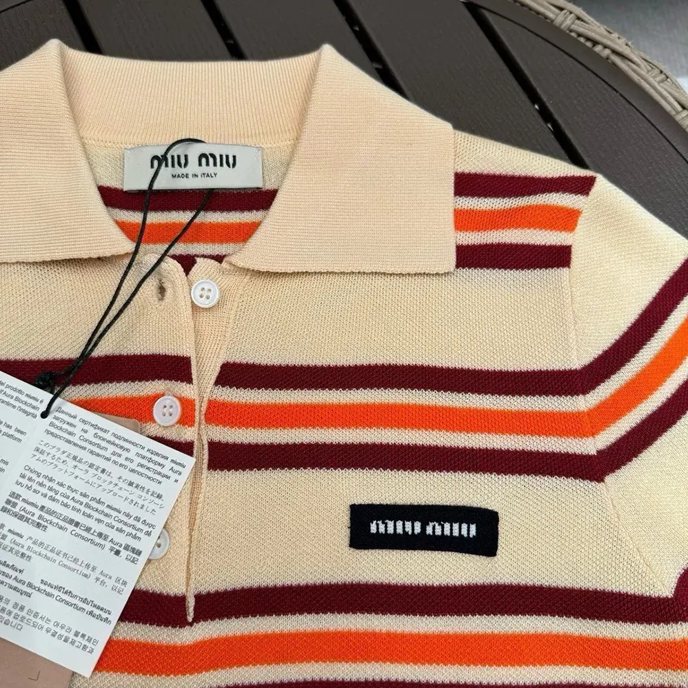 Miu Miu Cotton Striped Knit Polo Shirt for Women Miu Miu Cotton Striped Knit Polo Shirt for Women
