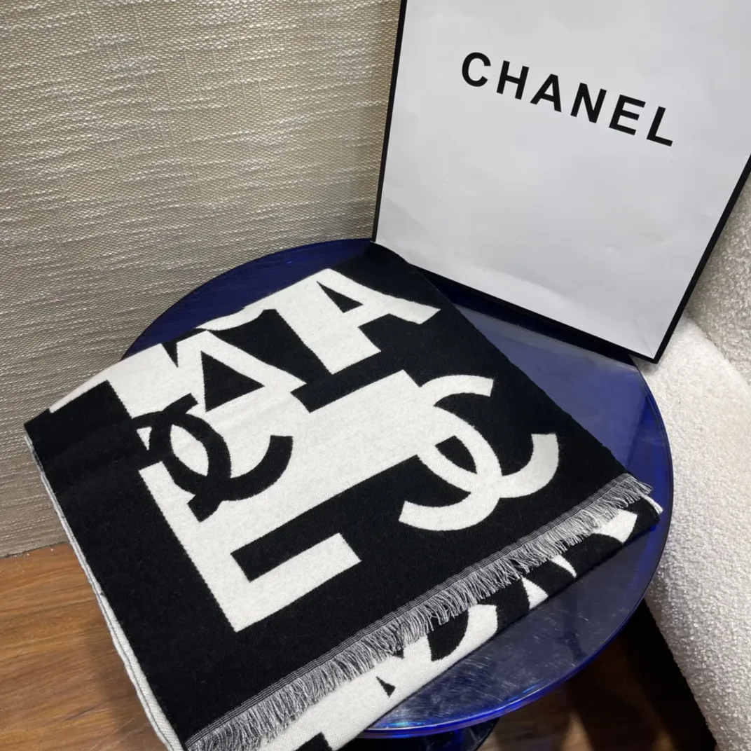Chanel Double Dided Large Letter Scarf Black Chanel Double Dided Large Letter Scarf Black