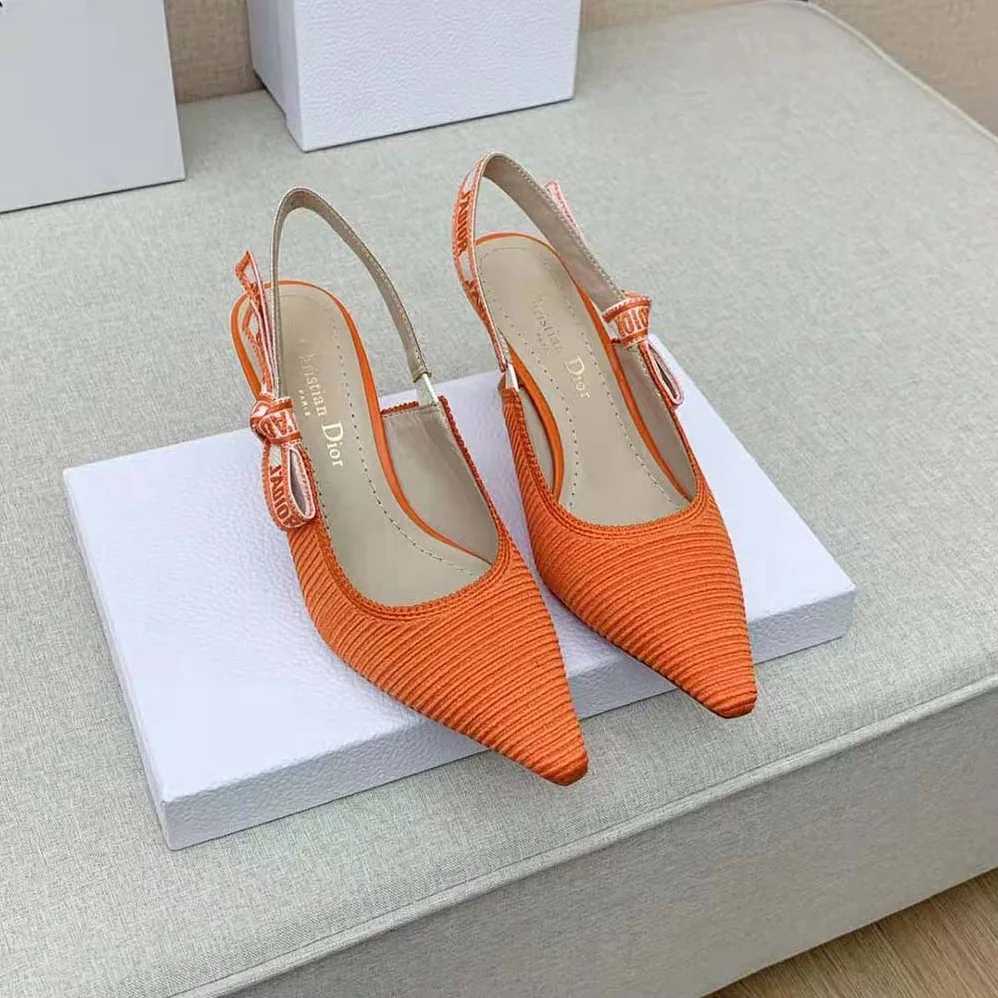 Dior J Adior Slingback Pump Bright Orange Cotton Embroidery for Women