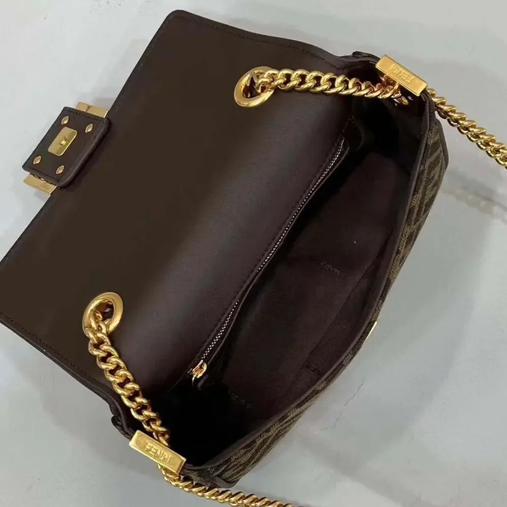 Fendi Baguette Chain MidiBrown FF Jacquard Fabric Bag for Women
