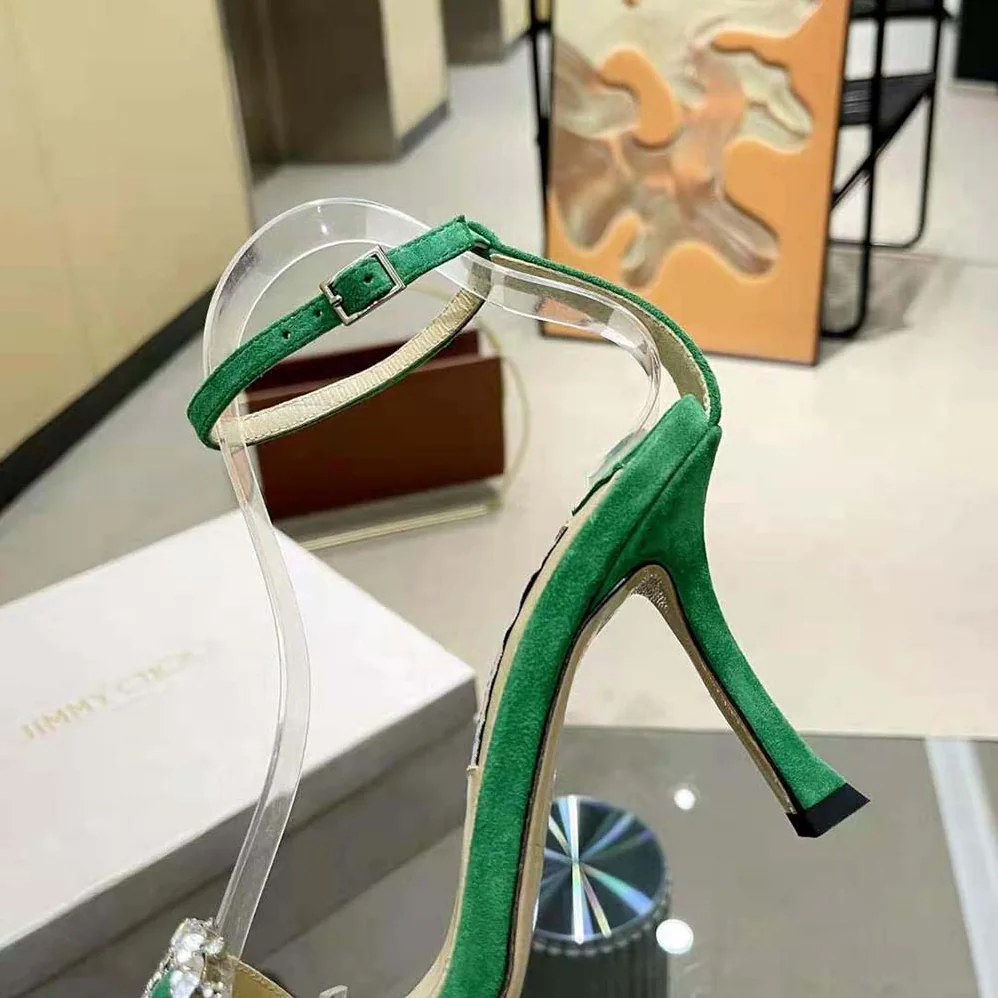 Jimmy Choo Marsai 90 Malachite Suede Sandals with Crystal Buckle for Women Jimmy Choo Marsai 90 Malachite Suede Sandals with Crystal Buckle for Women