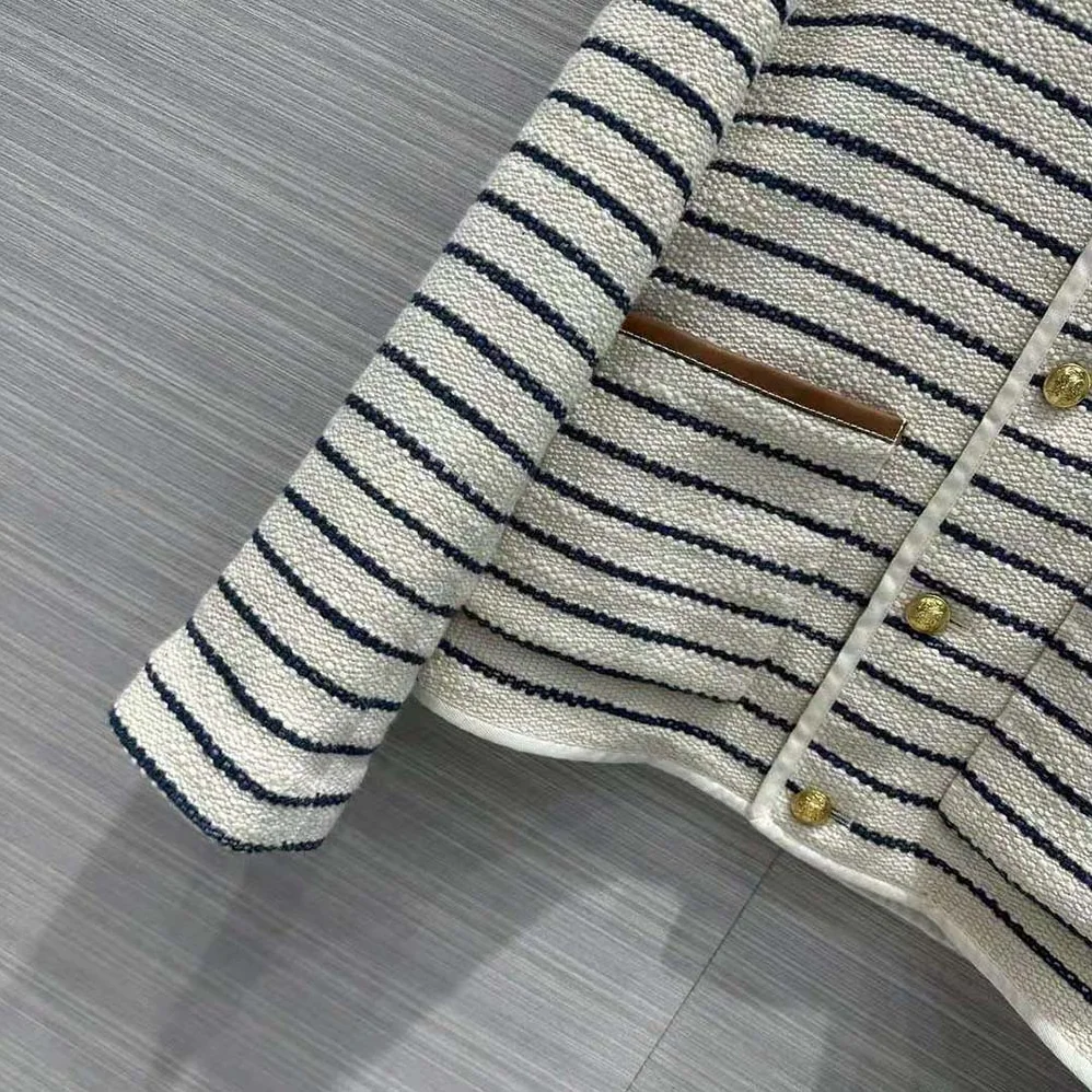 Celine Cardigan Jacket with Leather Details in Striped Cotton for Women Celine Cardigan Jacket with Leather Details in Striped Cotton for Women