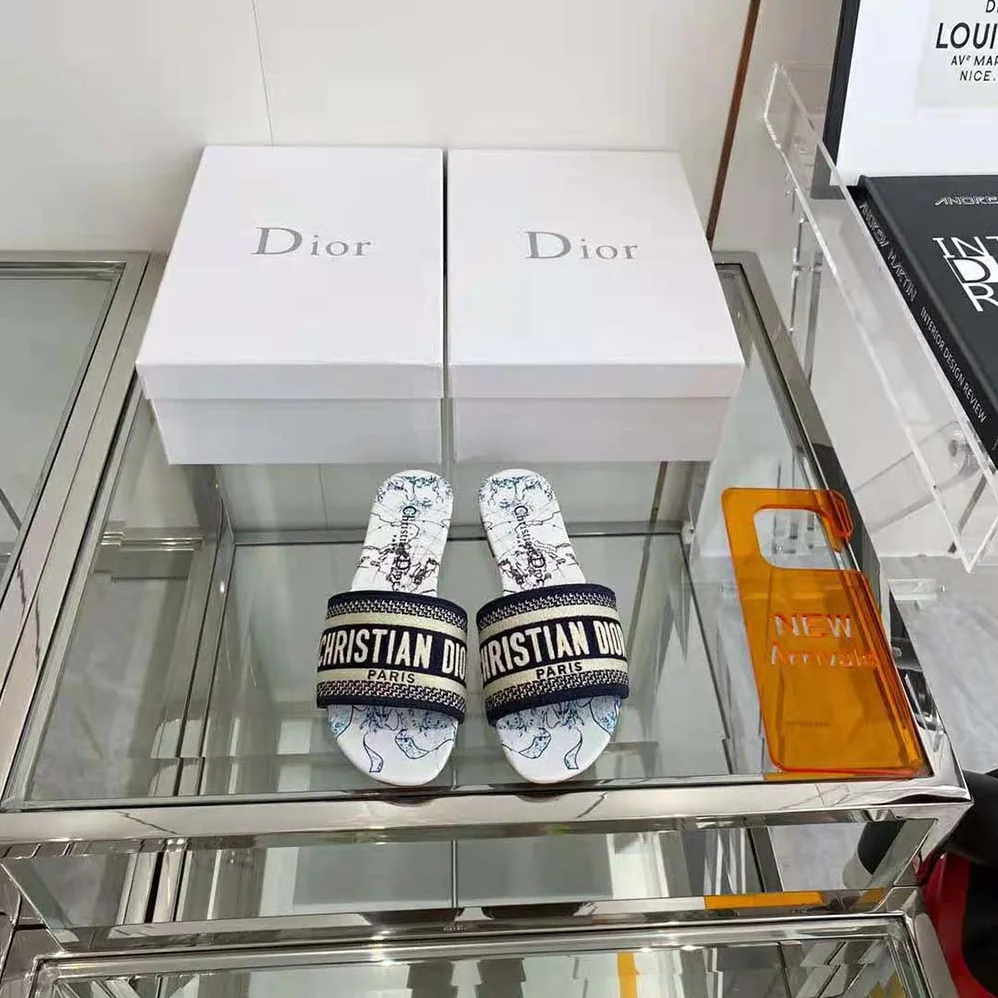 Dior Dway Slide Blue Dior Around the World Embroidered Cotton for Women Dior Dway Slide Blue Dior Around the World Embroidered Cotton for Women