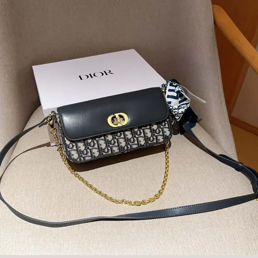 Dior Miss Caro Pouch with Chain Blue Dior Oblique Jacquard and Smooth Calfskin for Women