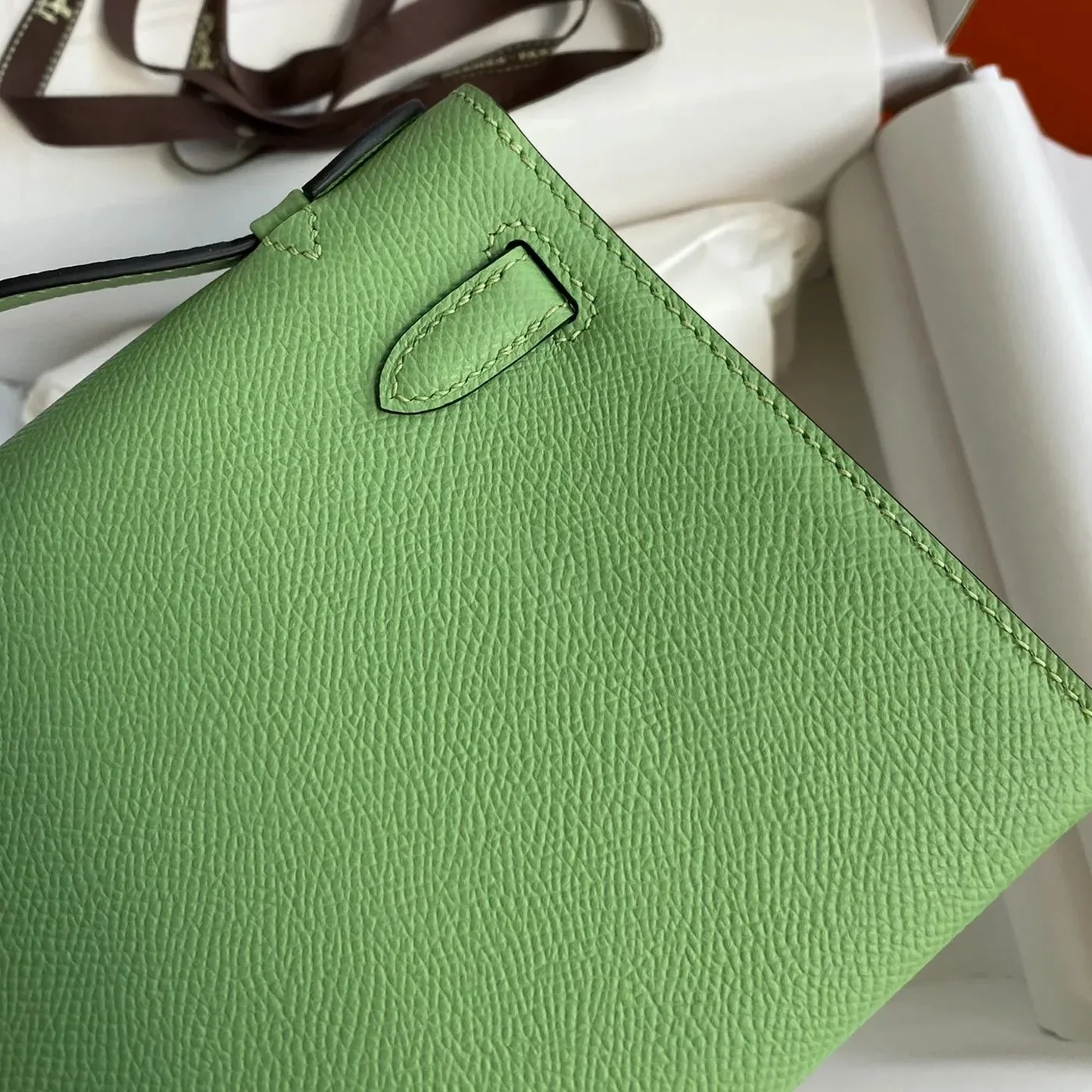 Hermes Kelly Pochette Top Handle Bag in Green Epsom Palladium Hardware