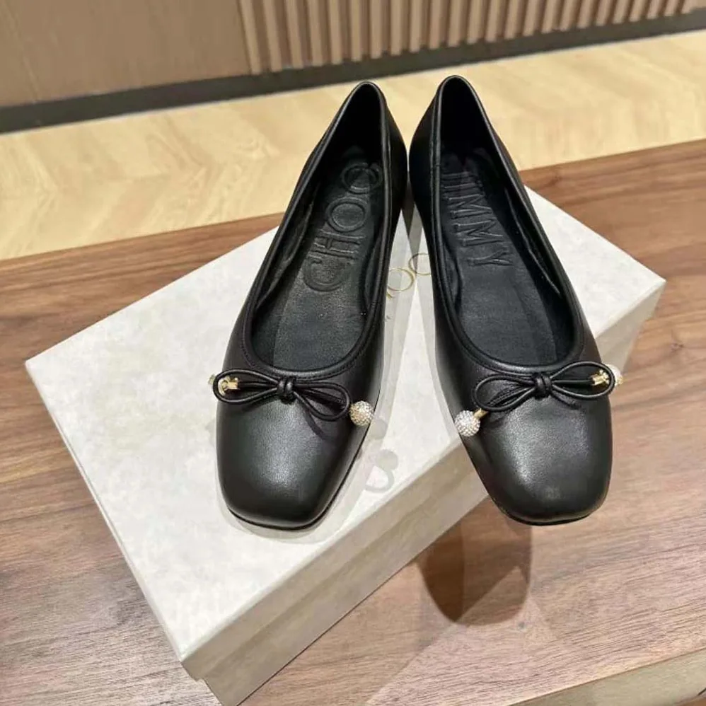 Jimmy Choo Elme Flat Black Nappa Leather Flats with Pearl Embellishment for Women Jimmy Choo Elme Flat Black Nappa Leather Flats with Pearl Embellishment for Women