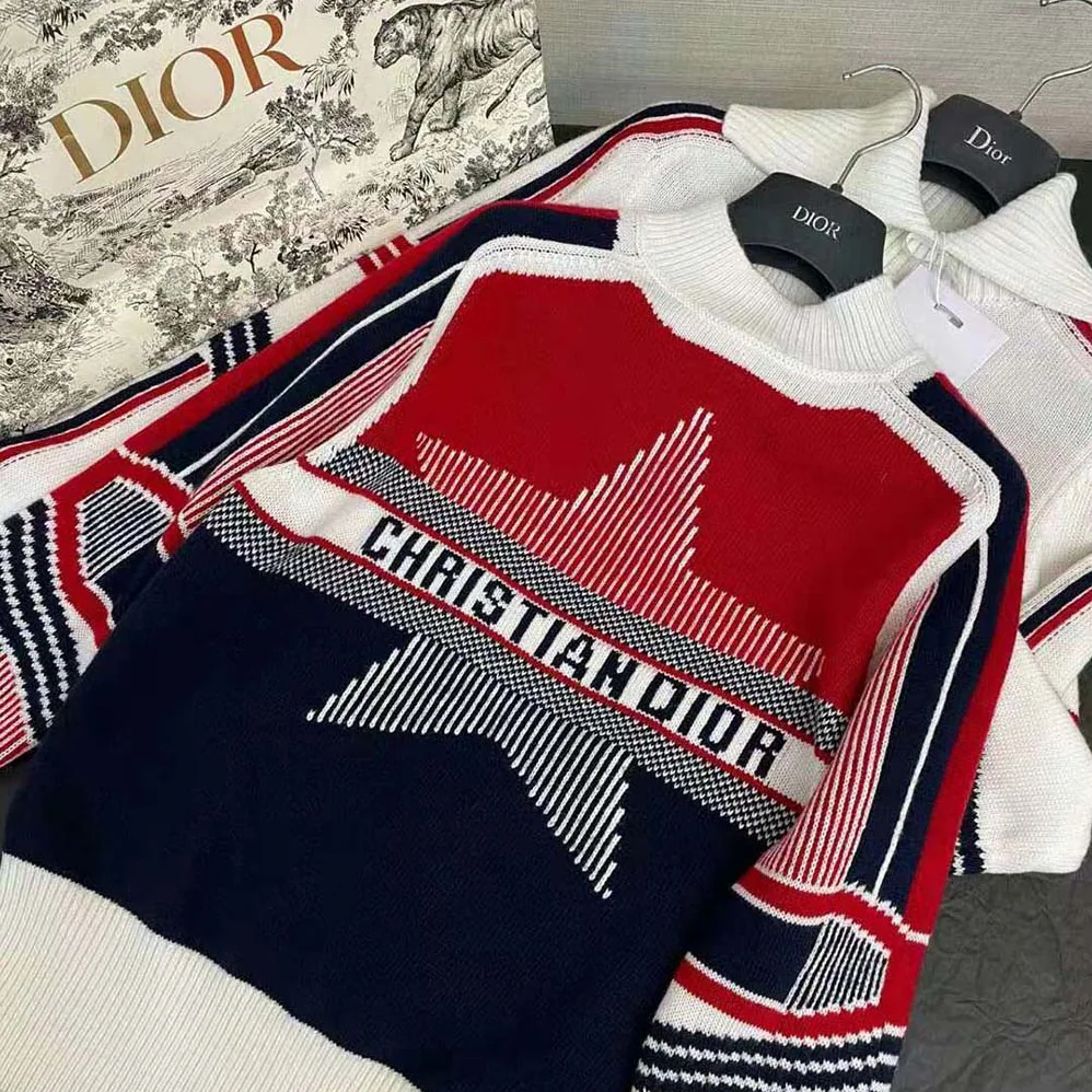 Dior Dioralps Stand Collar Sweater Three-Tone Dior Star Wool and Cashmere for Women Dior Dioralps Stand Collar Sweater Three-Tone Dior Star Wool and Cashmere for Women