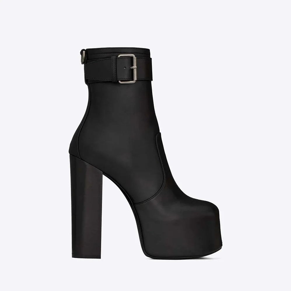 Saint Laurent YSL Cherry Buckle Platform Booties in Smooth Leather for Women