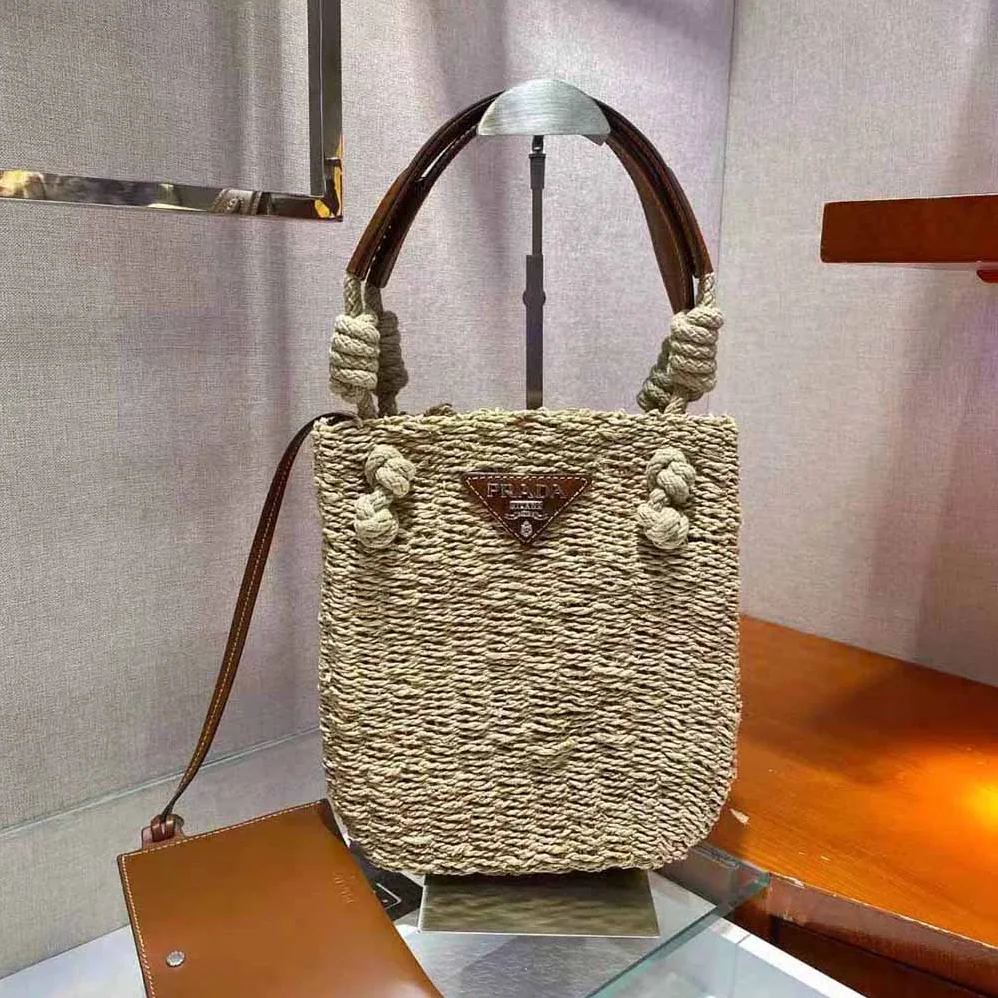 Prada Corn Husk and Leather Tote Handle Bag for Women Prada Corn Husk and Leather Tote Handle Bag for Women