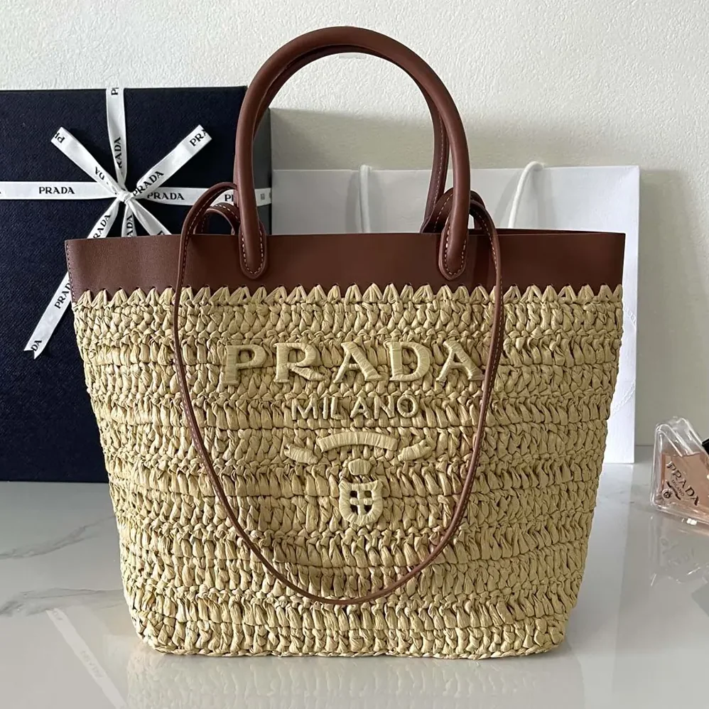 Prada Small Crochet and Leather Tote Bag for Women Prada Small Crochet and Leather Tote Bag for Women
