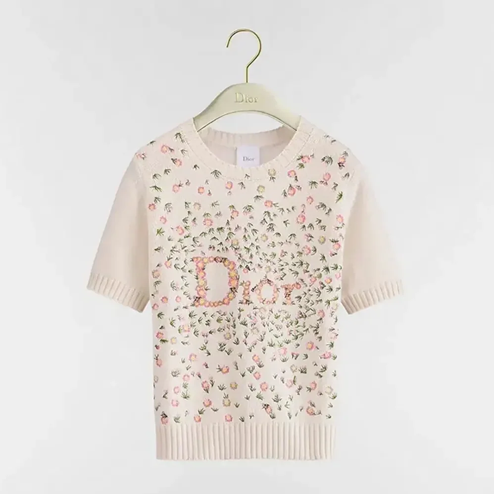 Dior Short-Sleeved Embroidered Sweater Multicolor Daisy Garden Cashmere Knit for Women Dior Short-Sleeved Embroidered Sweater Multicolor Daisy Garden Cashmere Knit for Women