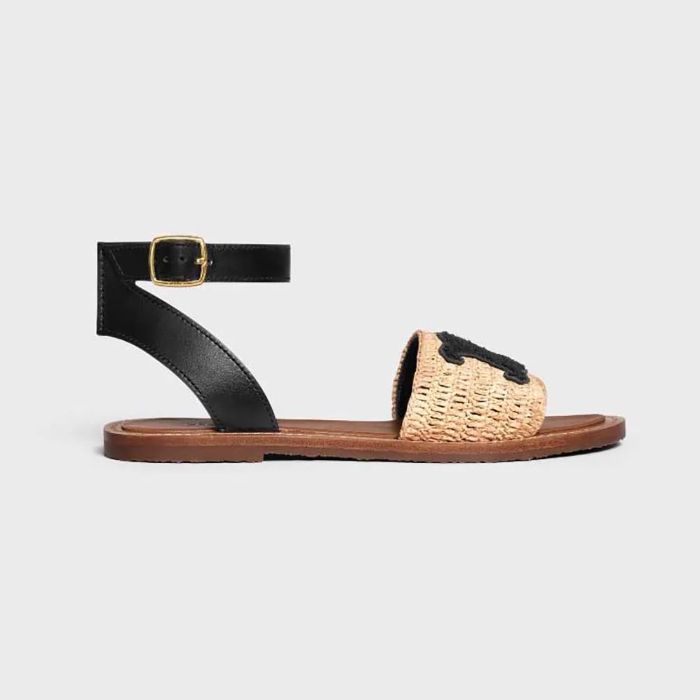 Celine Lympia Flat Strap Sandal in Raffia & Calfskin for Women in Black