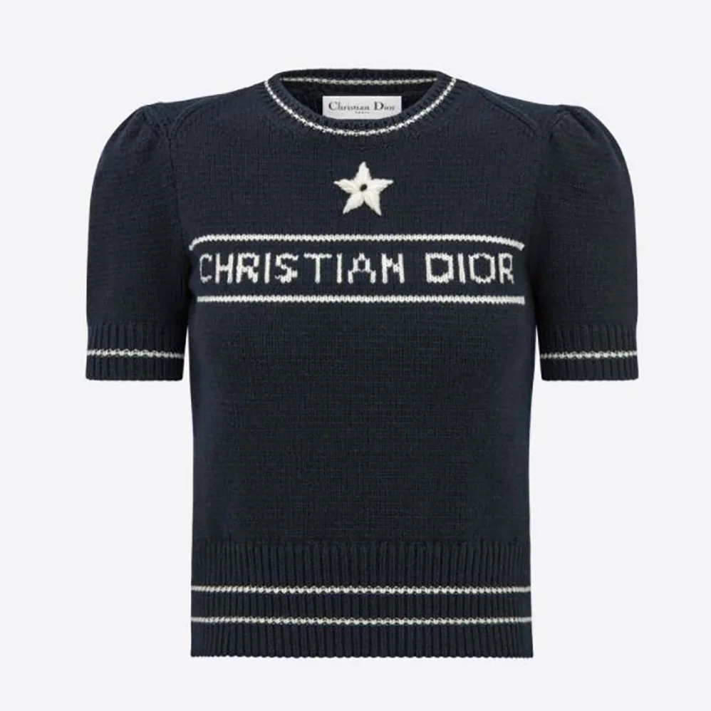 Dior Christian Dior Short-Sleeved Sweater Navy Blue Cashmere and Wool Knit for Women