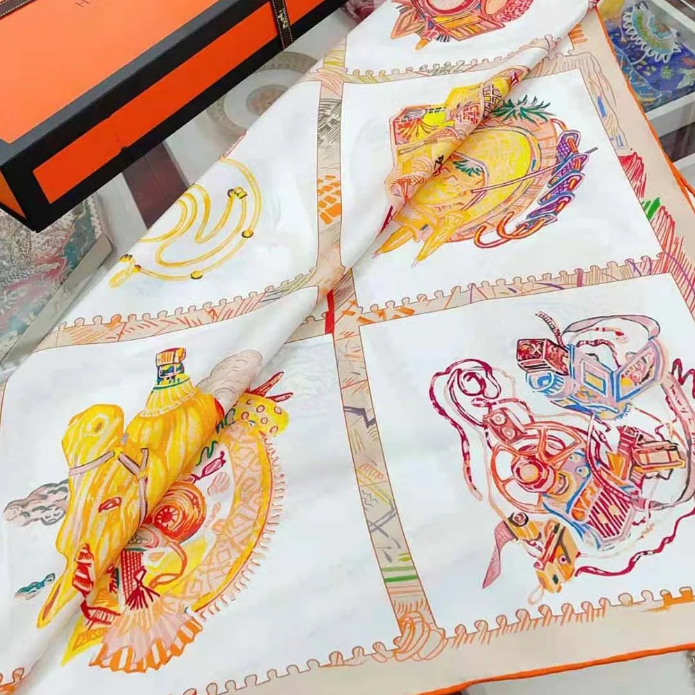 Hermes Chevaloscope Scarf 90 in Silk Twill with Hand-Rolled Edges for Women in Orange Hermes Chevaloscope Scarf 90 in Silk Twill with Hand-Rolled Edges for Women in Orange