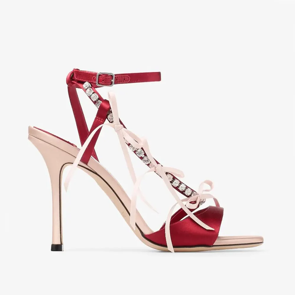 Jimmy Choo Lula 100mm Macaron and Ruby Red Satin Sandals with Bows for Women Jimmy Choo Lula 100mm Macaron and Ruby Red Satin Sandals with Bows for Women