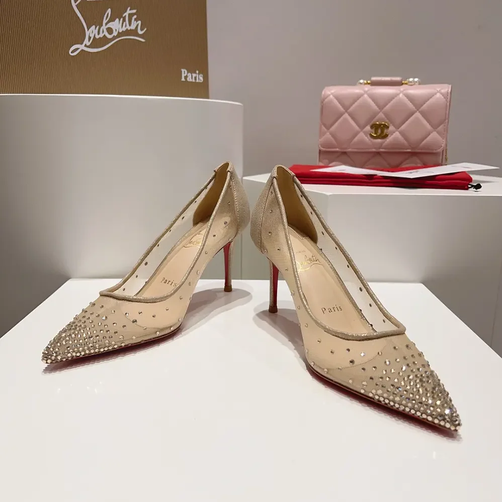 Christian Louboutin Follies Strass 85 mm Pumps Mesh and Suede for Women in Beige Christian Louboutin Follies Strass 85 mm Pumps Mesh and Suede for Women in Beige