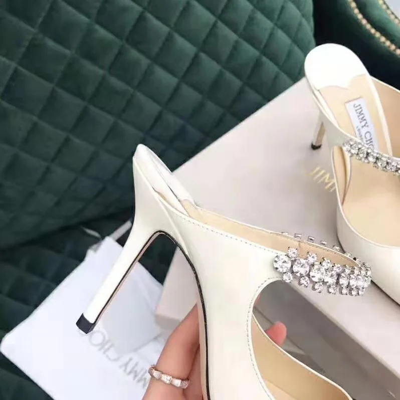 Jimmy Choo Shoes Bing 65 Linen Patent Leather Mules with Crystal Strap for Women Jimmy Choo Shoes Bing 65 Linen Patent Leather Mules with Crystal Strap for Women