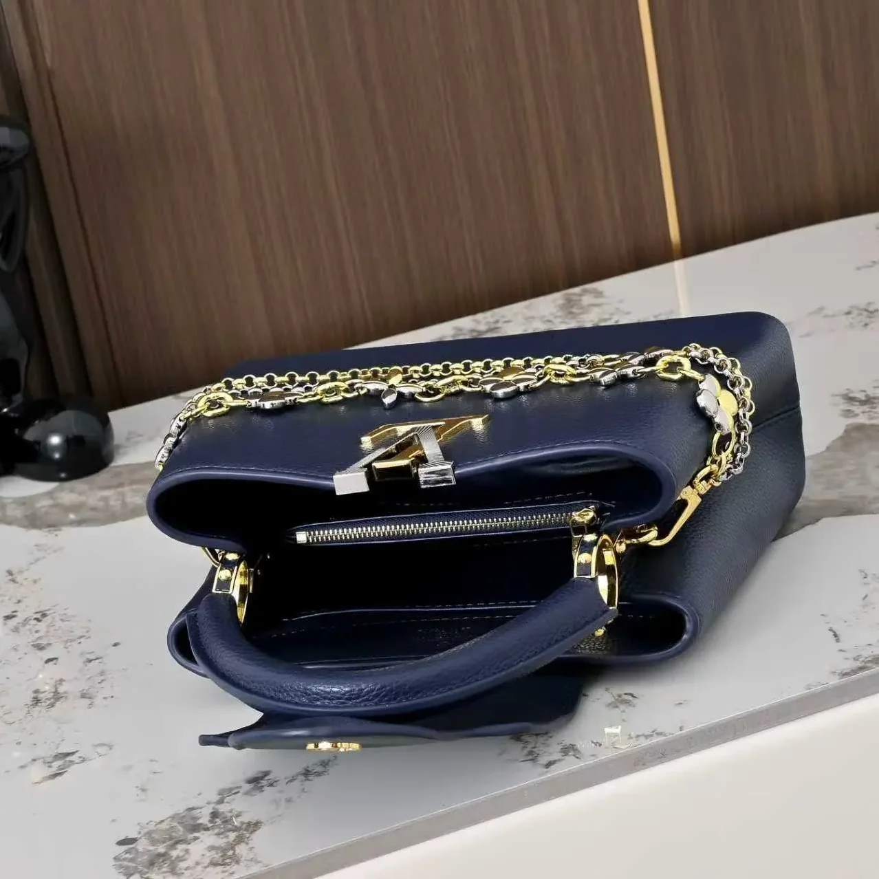 Louis Vuitton Capucines BB Top Handle Bag / Navy Blue Silver/ Gold Hardware Louis Vuitton Capucines BB Top Handle Bag / Navy Blue Silver/ Gold Hardware