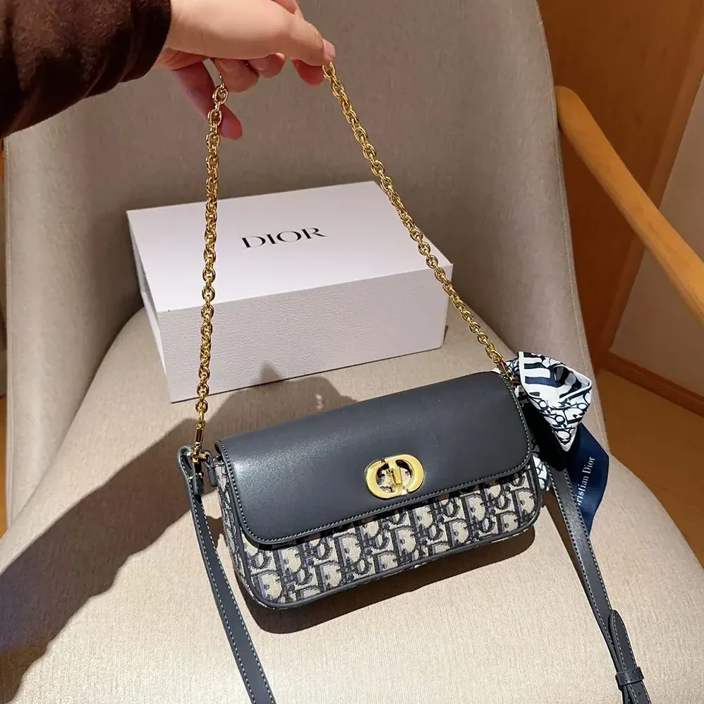 Dior Miss Caro Pouch with Chain Blue Dior Oblique Jacquard and Smooth Calfskin for Women