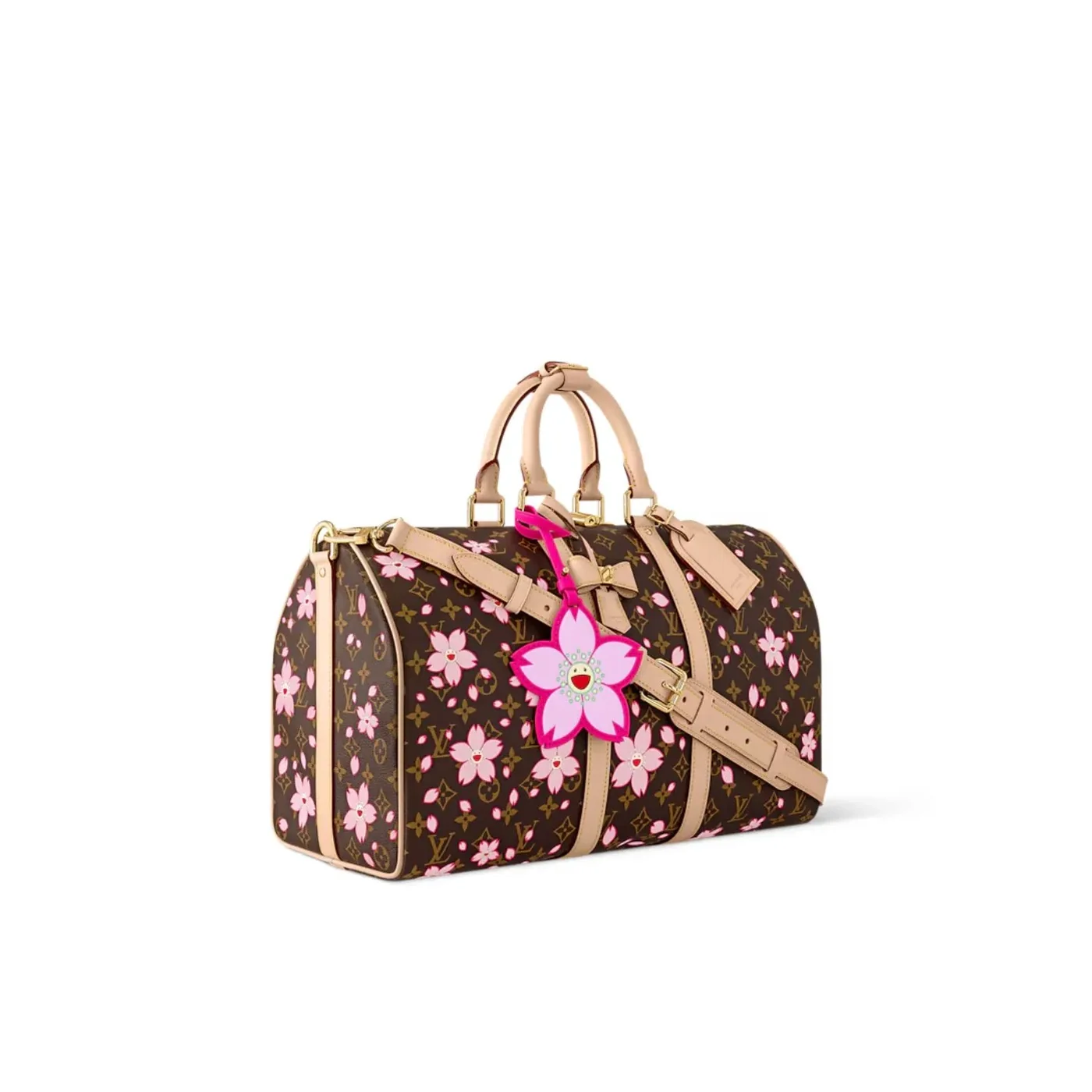 Louis Vuitton LV x Murakami Keepall Bandouliere 45 Travel Bag in Sakura Brown Gold Hardware Louis Vuitton LV x Murakami Keepall Bandouliere 45 Travel Bag in Sakura Brown Gold Hardware