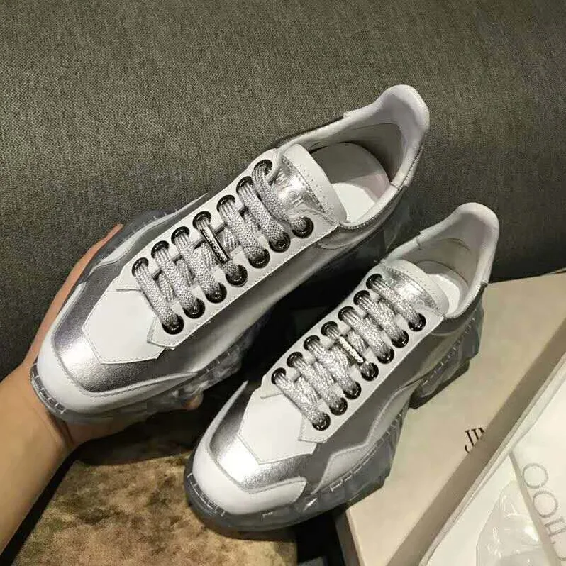 Jimmy Choo Shoes Diamond/F Silver Metallic Leather and White Calf Leather Low Top Trainers for Women Jimmy Choo Shoes Diamond/F Silver Metallic Leather and White Calf Leather Low Top Trainers for Women