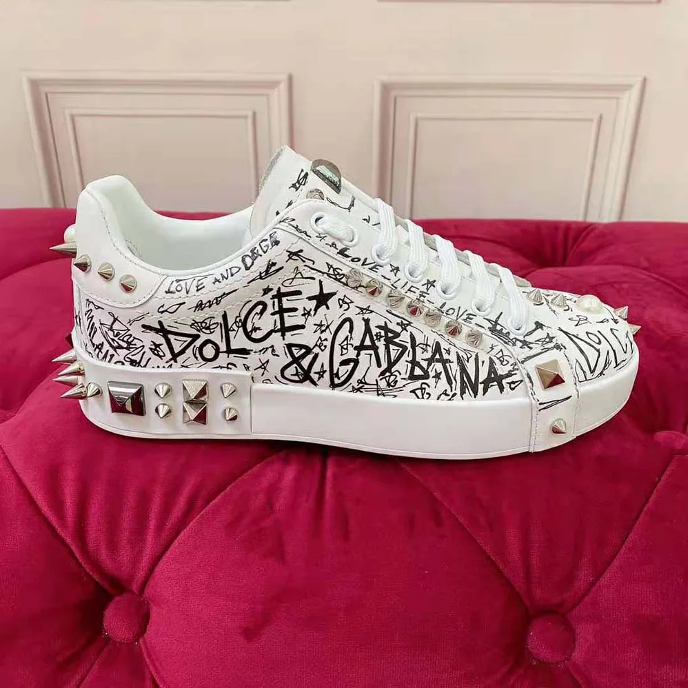 Dolce Gabbana D&G Calfskin Nappa Portofino Sneakers with Studs for Unisex in White Dolce Gabbana D&G Calfskin Nappa Portofino Sneakers with Studs for Unisex in White