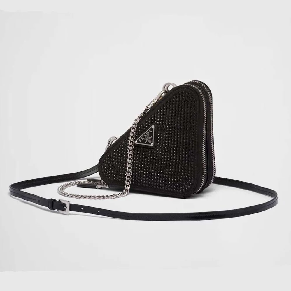 Prada Triangular Embellished Satin and Leather Mini-pouch for Women in Black Prada Triangular Embellished Satin and Leather Mini-pouch for Women in Black