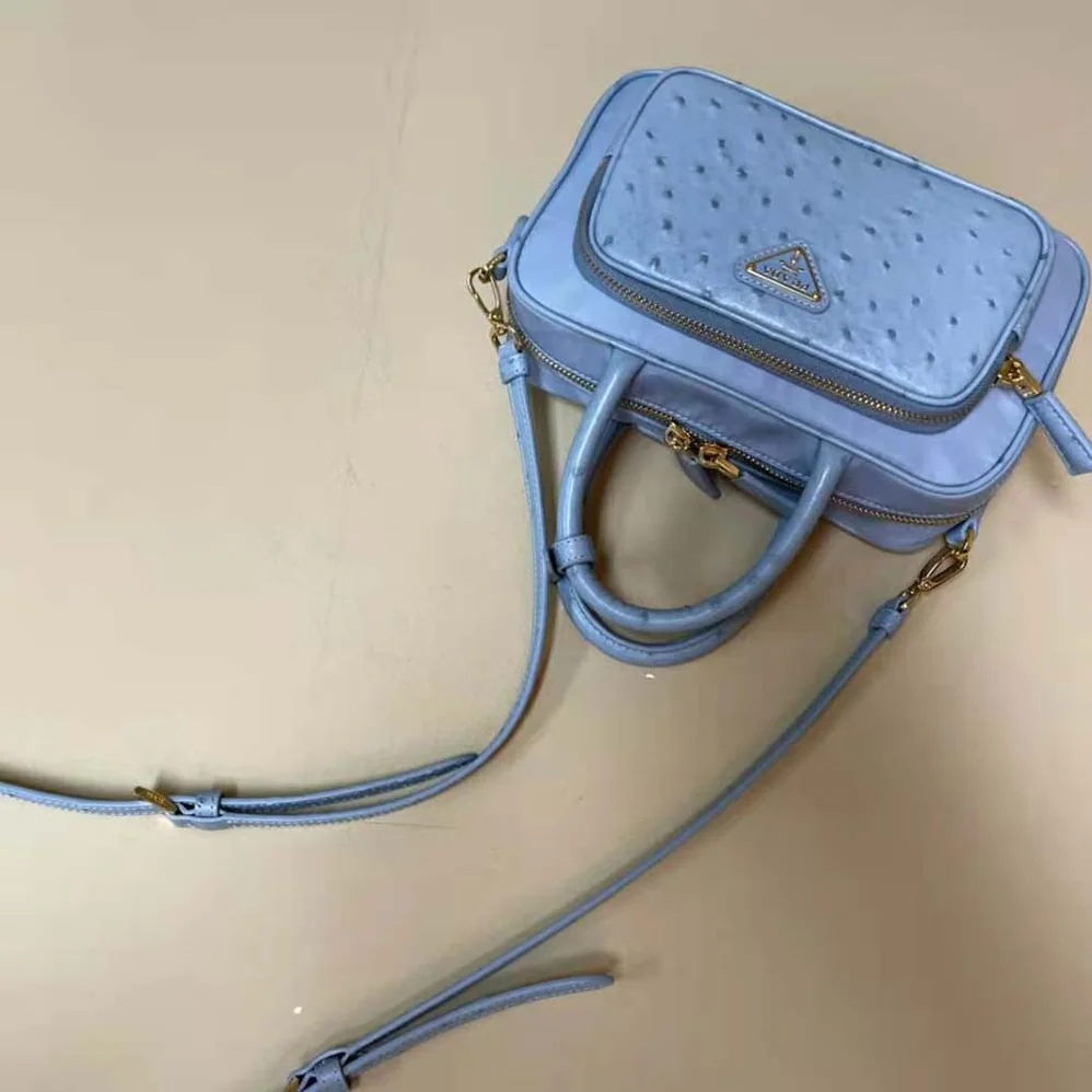 Prada Re-Nylon and Ostrich Leather Two-handle Bag for Women in Blue