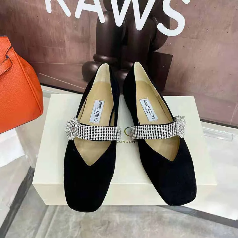 Jimmy Choo Krista Flat Black Suede Flats with Crystal for Women in Embellished Strap