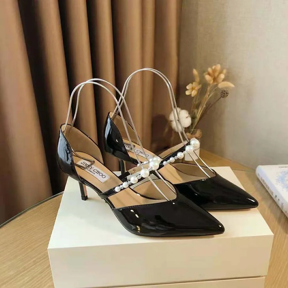 Jimmy Choo Aurelie 85 Black Patent Leather Pointed Pumps with Pearl Embellishment for Women Jimmy Choo Aurelie 85 Black Patent Leather Pointed Pumps with Pearl Embellishment for Women