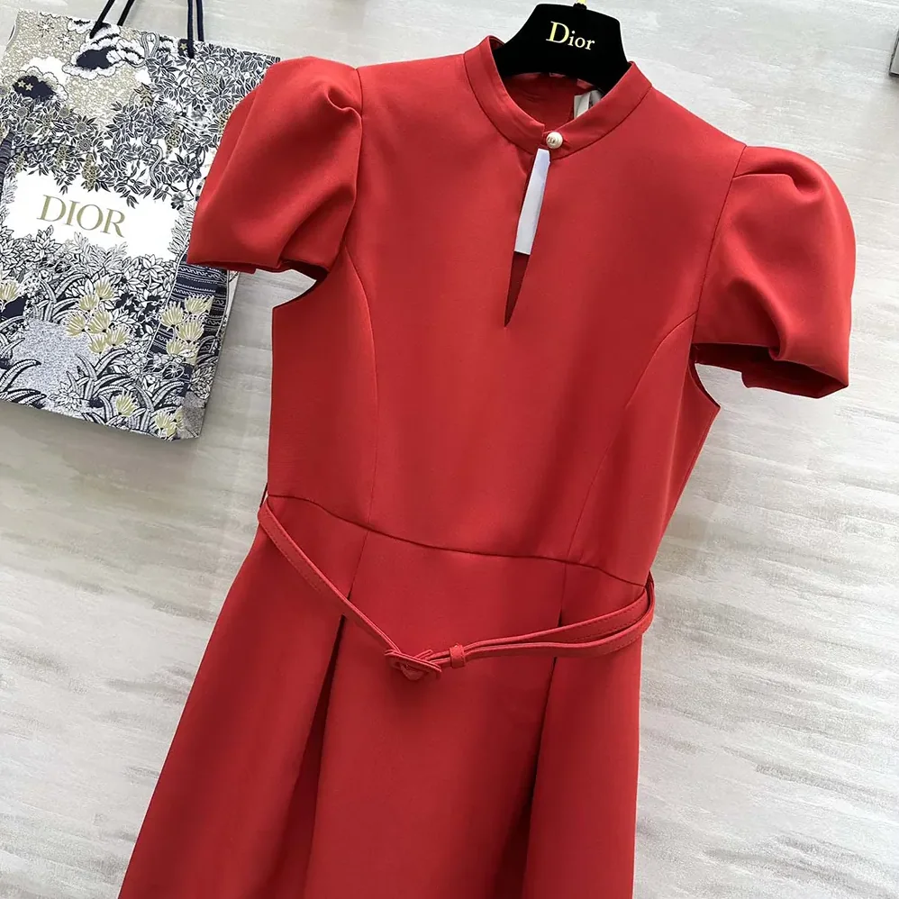 Dior Short Belted Dress Bright Red Lightweight Wool and Silk for Women
