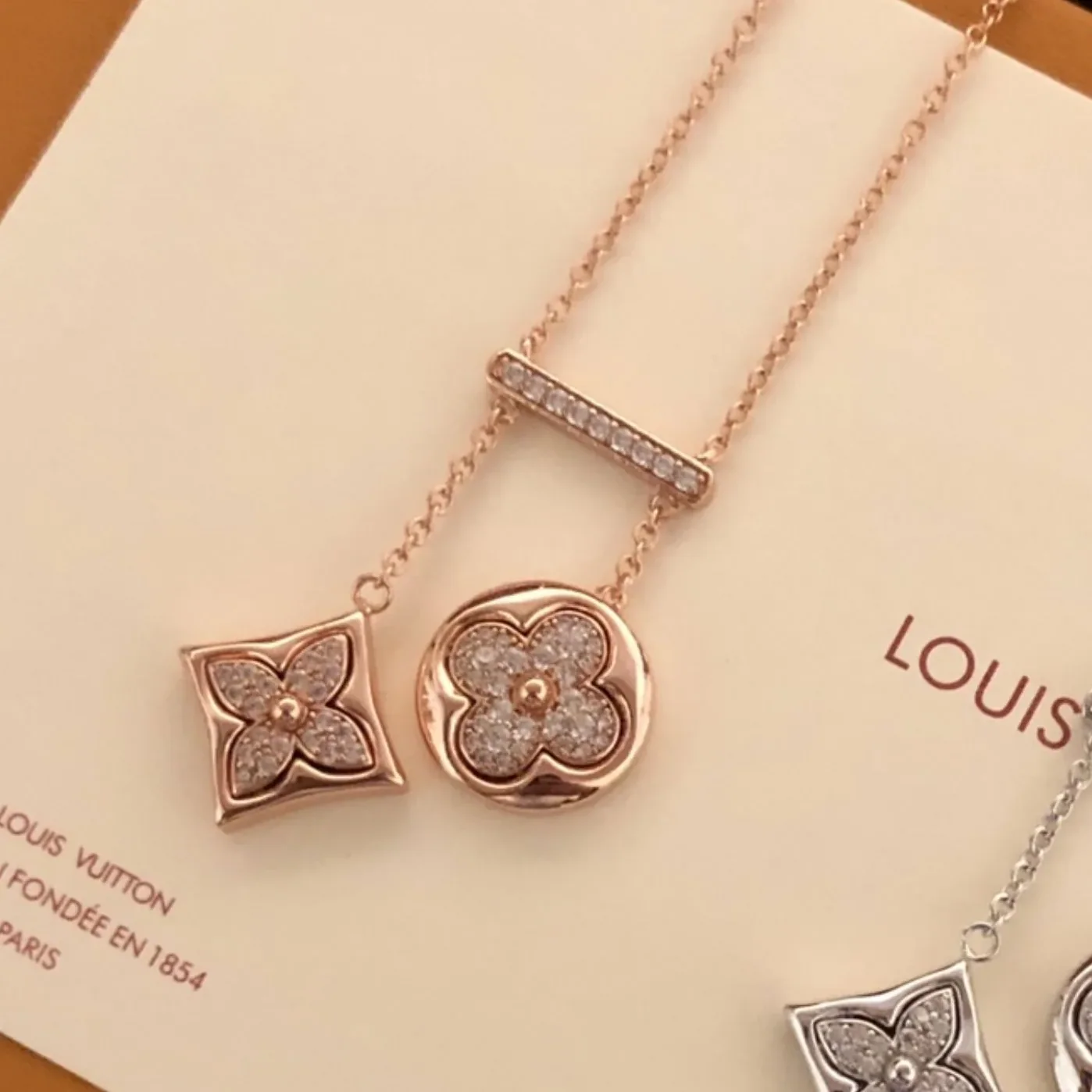 Louis Vuitton Two Blossom Necklace Pink Gold Tone