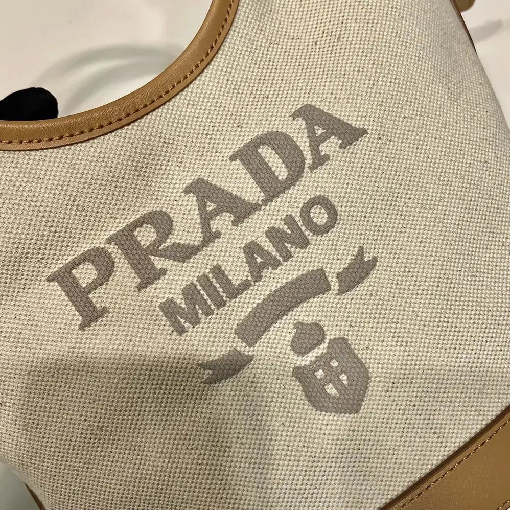 Prada Medium Linen Blend and Leather Tote Bag for Women Prada Medium Linen Blend and Leather Tote Bag for Women