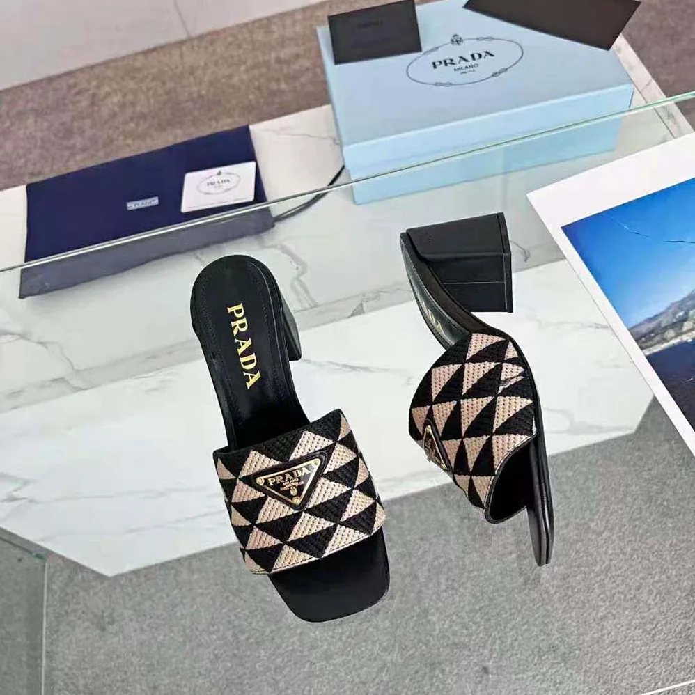 Prada Embroidered Fabric Sandals for Women in Black
