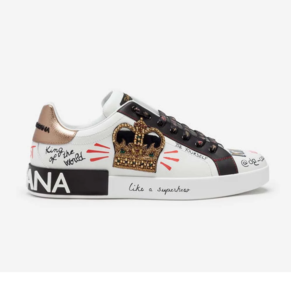 Dolce Gabbana D&G Portofino Sneakers in Printed Nappa Calfskin with Patch for Men in Black