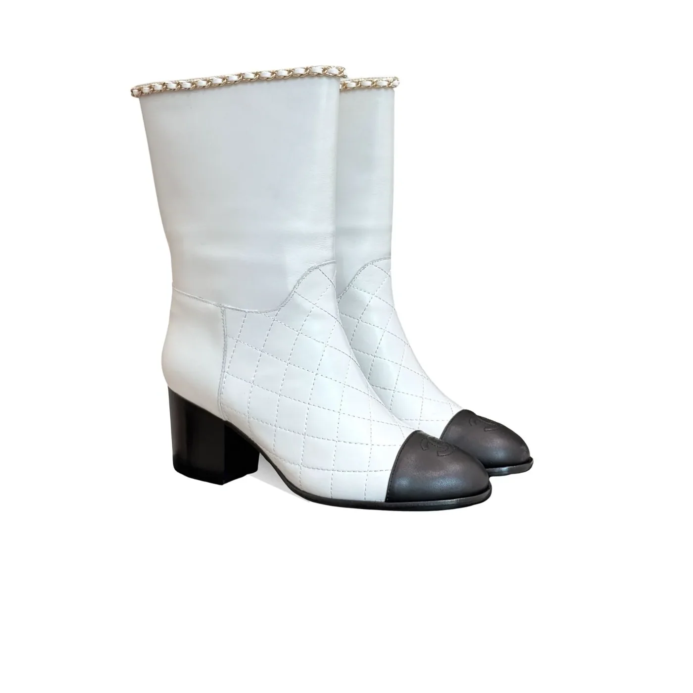 Chanel Double C Chunky Heel Boots With Chain Detail White Chanel Double C Chunky Heel Boots With Chain Detail White