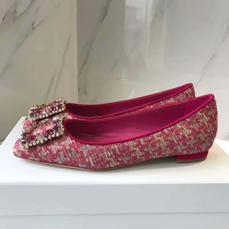 Manolo Blahnik Shoes Caza Pink Tweed Crystal Buckle Flats 10mm Heel for Women Manolo Blahnik Shoes Caza Pink Tweed Crystal Buckle Flats 10mm Heel for Women